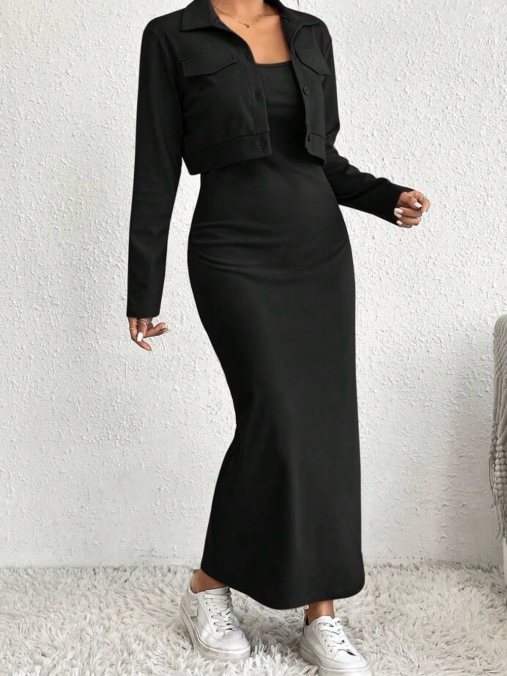 SHEIN Black Long Sleeve Maxi Bodycon Dress with Cropped Jacket
